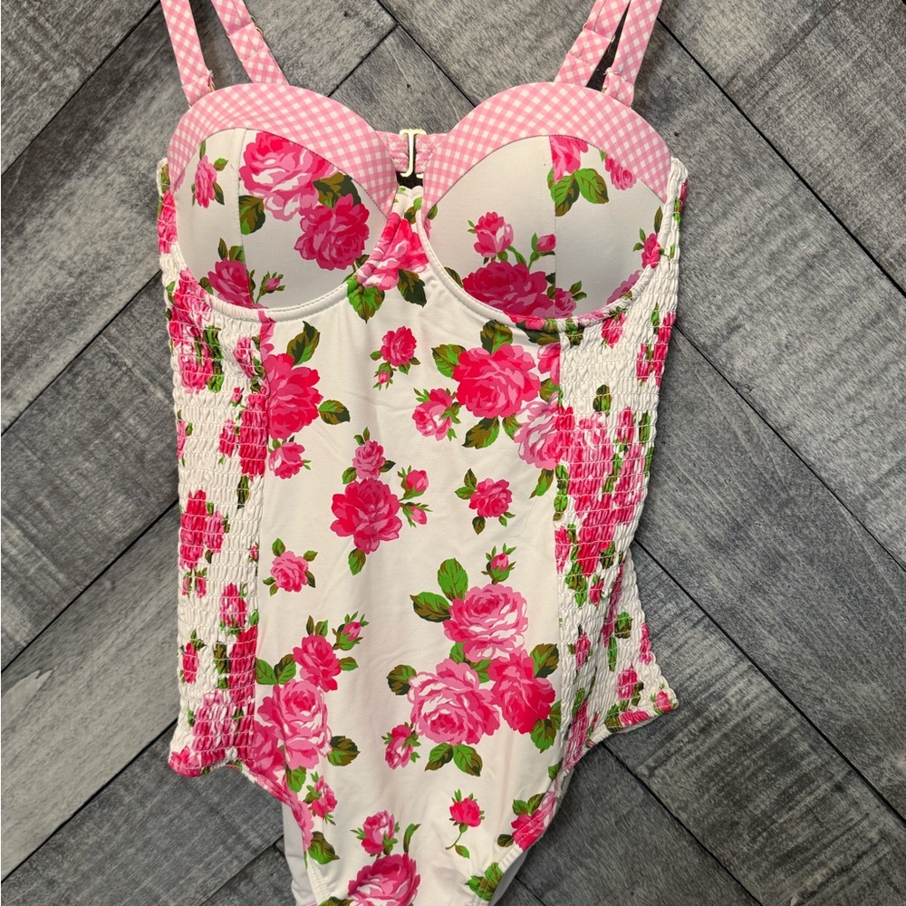 Betsey Johnson Pink and White Floral One Piece Swimsuit